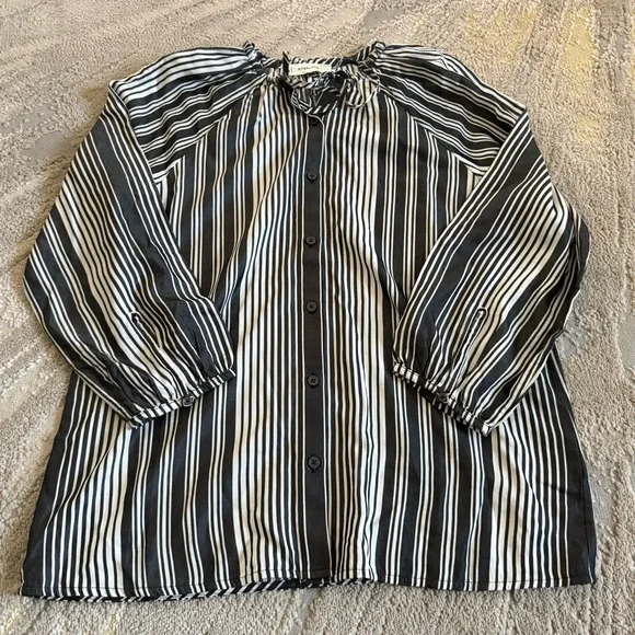 Everlane striped blouse shirt cream bone black button front tie tencel small - Picture 2 of 10